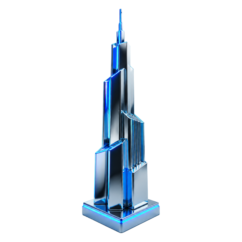 Scultura cromata a forma di torre moderna