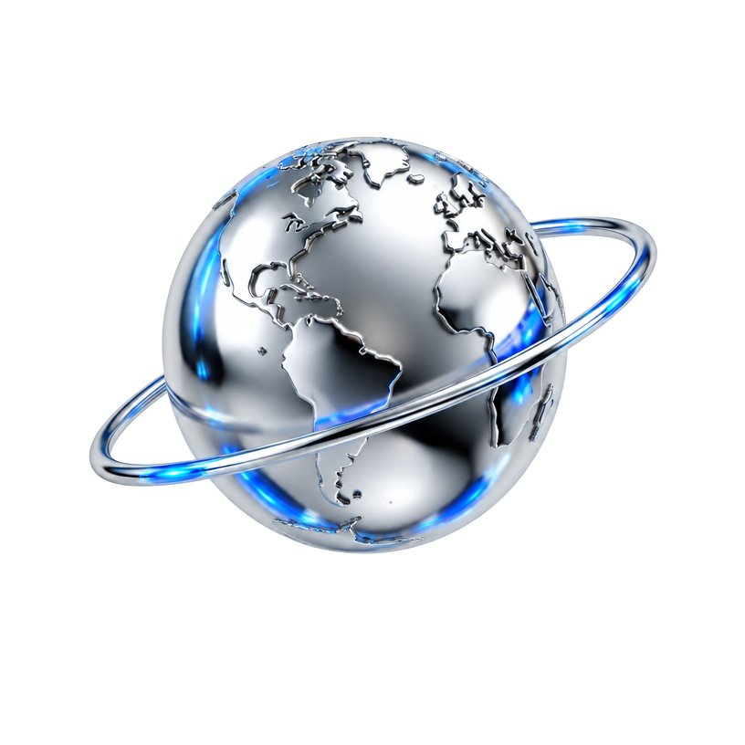 Scultura cromata a forma di globo con orbita